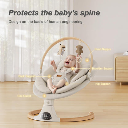 Babyschaukel für Säuglinge, Monamii Babyschaukel, Bluetooth-Babyschaukel mit Musiklautsprecher, 5 Geschwindigkeiten und Fernbedienung, elektrische Babyschaukel, tragbare Babyschaukel, für drinnen und draußen (Hellbeige)