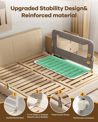 Foldable Bed Rail for Toddlers, 71in Reinforced Carbon Steel Frame&Connectors, Breathable Cationic Fabric - Safety Toddler Bed Rails for Queen, King, Twin, Full, No-Tool Setup.