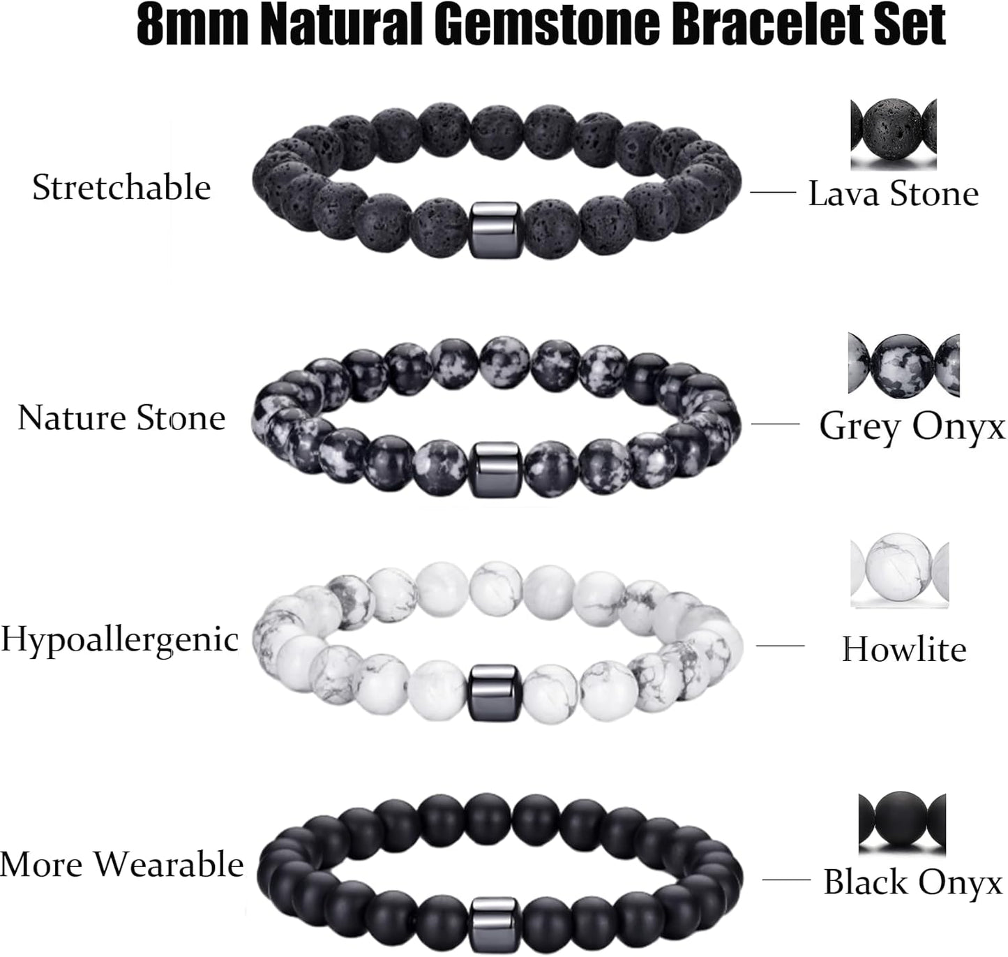 Tigerauge Armband für Herren 8MM Natursteinperlen Armband Set Stretch Lava Stein Armbänder Verstellbares Schwarzes Kristallperlenarmband für Herren Damen Geschenke