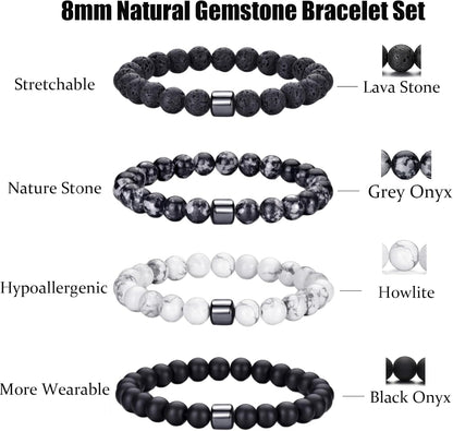 Tigerauge Armband für Herren 8MM Natursteinperlen Armband Set Stretch Lava Stein Armbänder Verstellbares Schwarzes Kristallperlenarmband für Herren Damen Geschenke