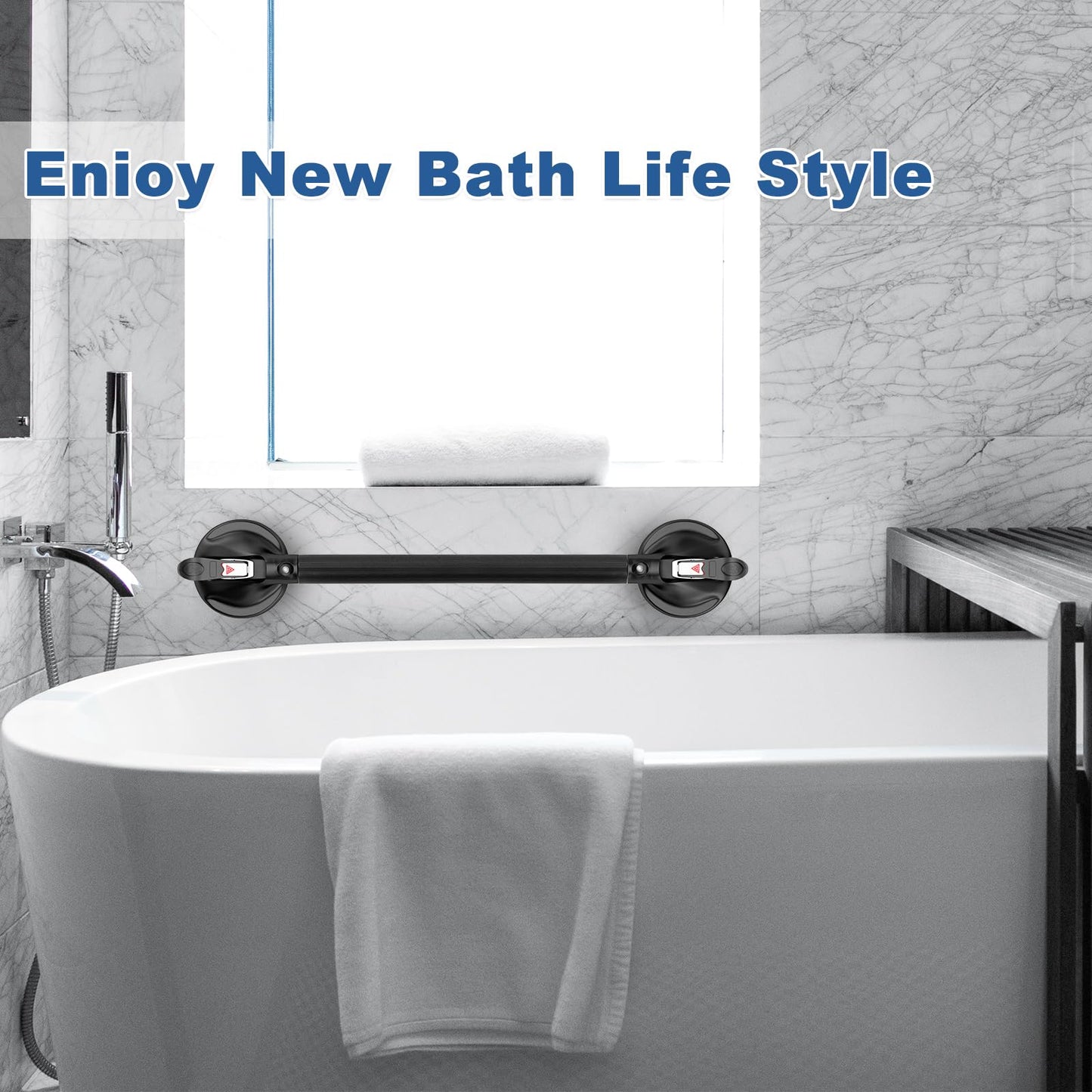 15-Inch Shower Handle - Upgraded Grab Bar with Strong Suction Cups for Bathtub & Shower Safety, Ideal for Seniors, Elderly, Disabled -Silver
