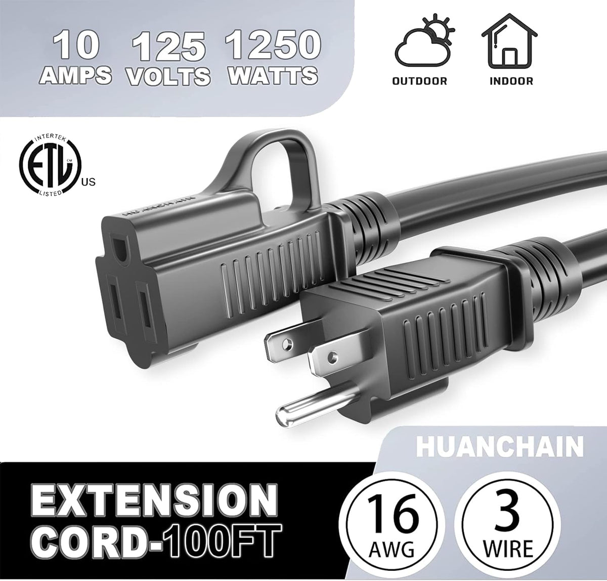 HUANCHAIN Indoor Outdoor Black Extension Cord 25 ft Waterproof, 16/3 Gauge Flexible Cold-Resistant Appliance Cable Outside, 13A 1625W 16AWG SJTW, 3 Prong Electric Cord, ETL