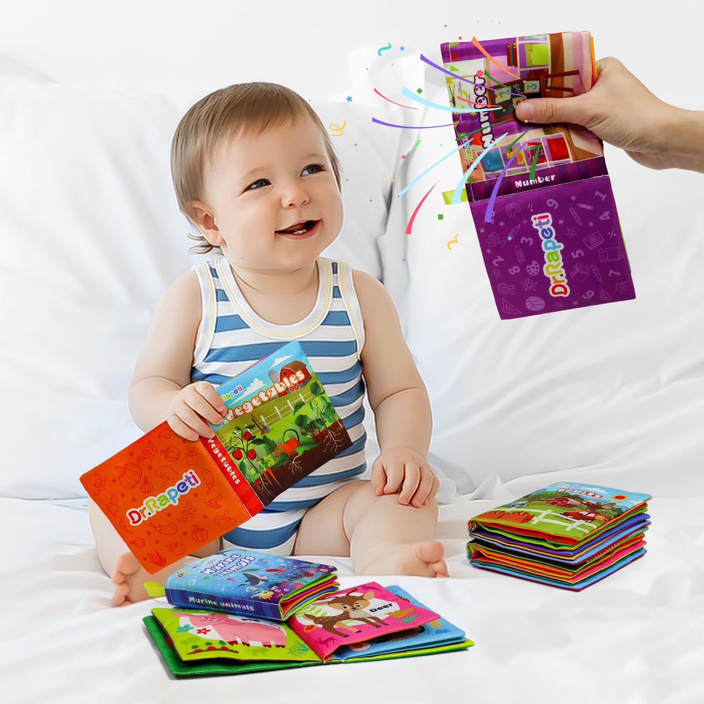 Dr.Rapeti Stoffbücher Babybücher Badebücher 6er-Pack für Babys Kleinkinder Kinder Raschelnd Quietschend Waschbar Beißfest Ungiftig Frühpädagogisch Geschenkbar