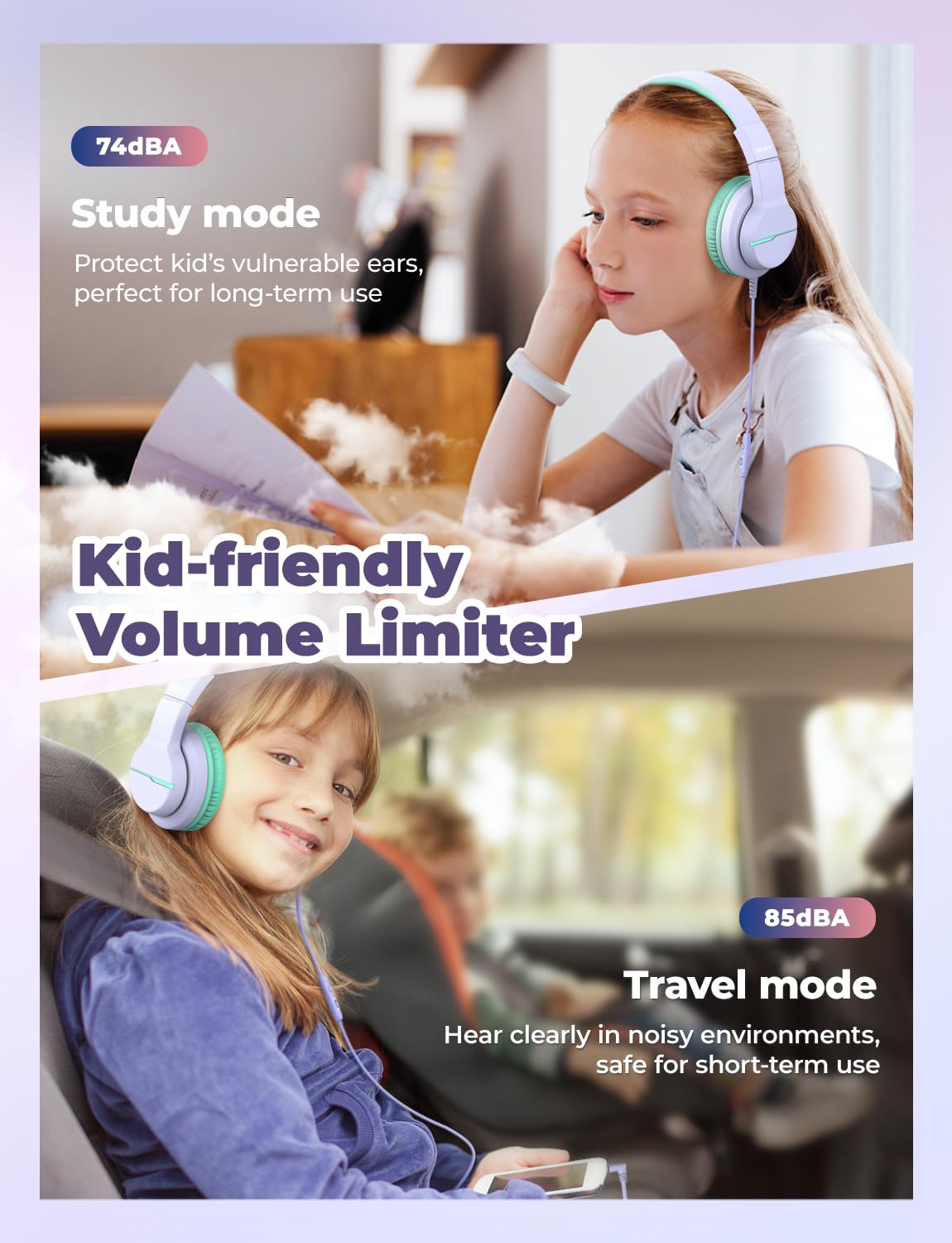 iClever Kinderkopfhörer für Schule und Reisen, sichere Lautstärkebegrenzung, HD-Mikrofon, Stereo-Sound Over-Ear-Kopfhörer für Mädchen und Jungen, FunShare Faltbar, 3,5 mm kabelgebunden für iPad Computer, HS19