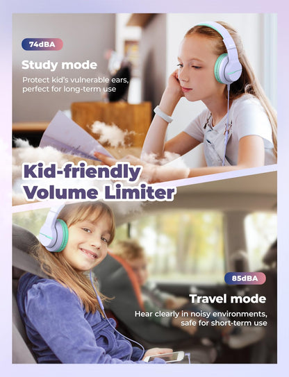 iClever Kinderkopfhörer für Schule und Reisen, sichere Lautstärkebegrenzung, HD-Mikrofon, Stereo-Sound Over-Ear-Kopfhörer für Mädchen und Jungen, FunShare Faltbar, 3,5 mm kabelgebunden für iPad Computer, HS19