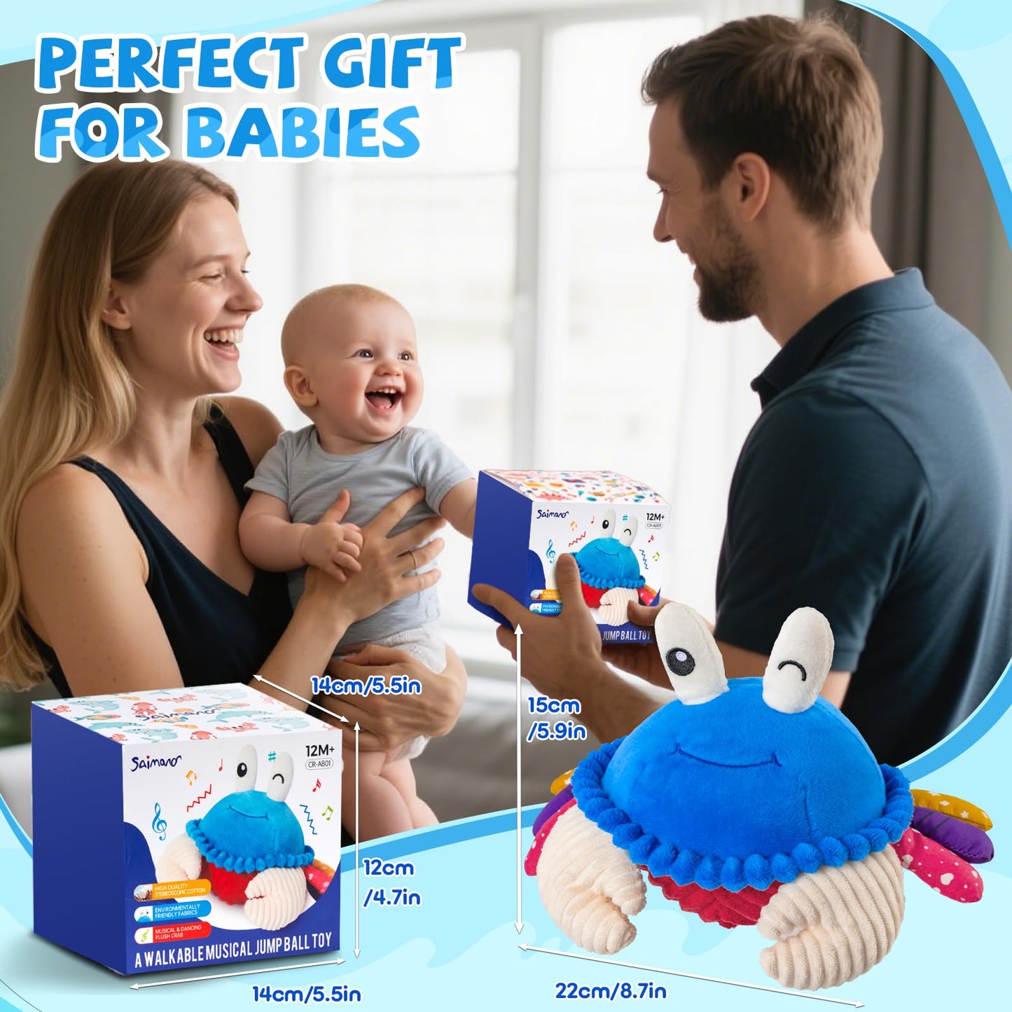 Babyspielzeug 6-12 Monate, Musikalisches Krabbelkrebs Plüschtier - 40 Lieder & Aufnahmefunktion, Tanzendes Laufendes Hüpfendes Bauchzeit Spielzeug, Sensorisches Spielzeug für Kleinkinder 1-3, Geburtstagsgeschenke für Säuglinge