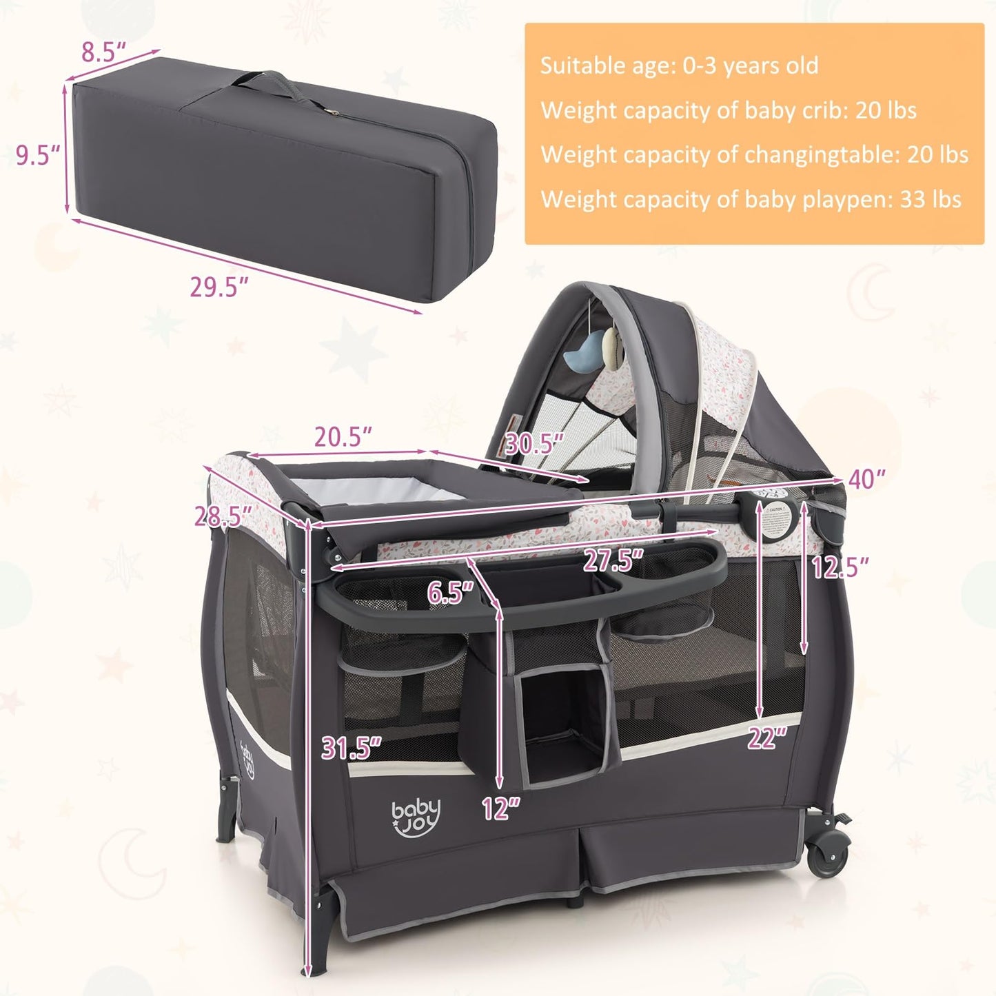 BABY JOY 4 in 1 Pack and Play, Portable Baby Playard with Bassinet & Flip-Away Changing Table, Canopy, Portable Bedside Crib with Storage Basket, Oxford Bag, Infant Bassinet from Newborn to Toddlers