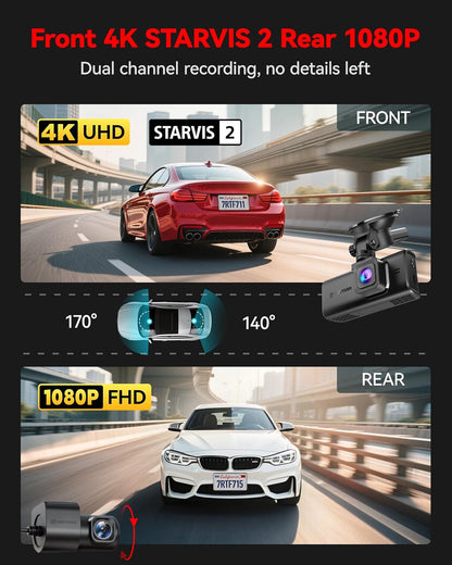 REDTIGER 4K Dashcam vorne und hinten, STARVIS 2 Sensor, Touchscreen 3,18", Sprachsteuerung, 20 MB/s 5,8 GHz WiFi 6 Auto-Dashcam mit 128 GB Karte, GPS, Nachtsicht, Notfall-Sperre, Parkmodus (F7N Touch)
