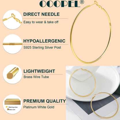 Große Gold Creolen für Frauen, Hypoallergene Dünne Gold Creolen, Sterling Silber Creolen für Damen, Extra Große, Mittelgroße, Große Creolen