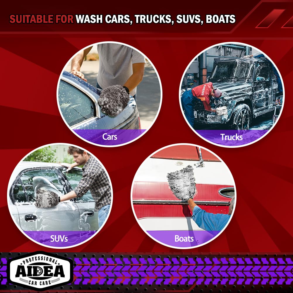 AIDEA Car Wash Mitt Microfiber, 2PK Scratch Free Lint-Free, Premium Chenille Microfiber Mitt Car Wash Brush, Green, Regular Size 7.12''X10.14''