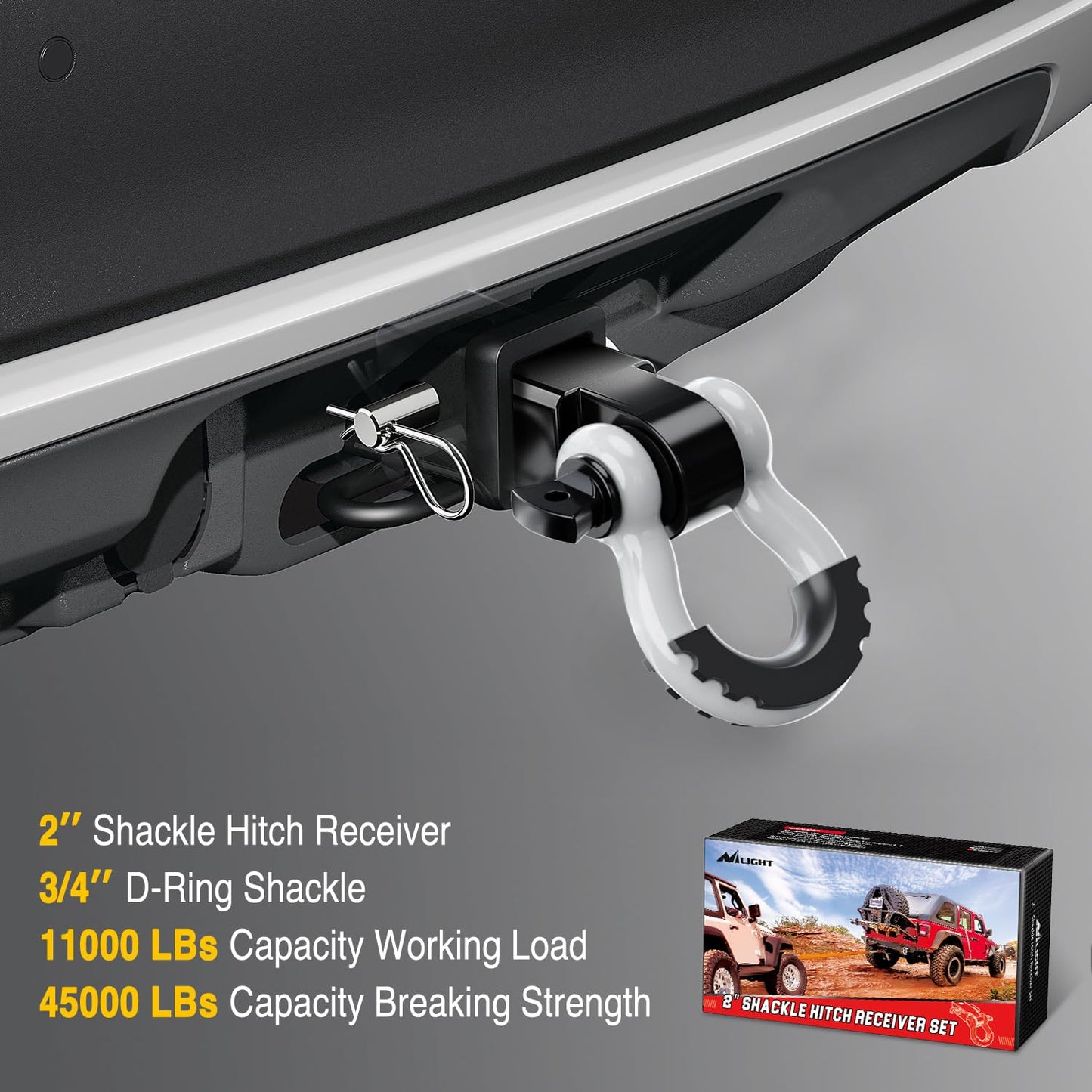 Nilight Anti-Theft Shackle Hitch Receiver 2Inch 45000 LBs Breaking Strength 3/4" Anti-Theft D Ring Shackle 5/8" Trailer Hitch Lock Pin Heavy Duty Solid Towing Kit for Trucks Off Road (Black)