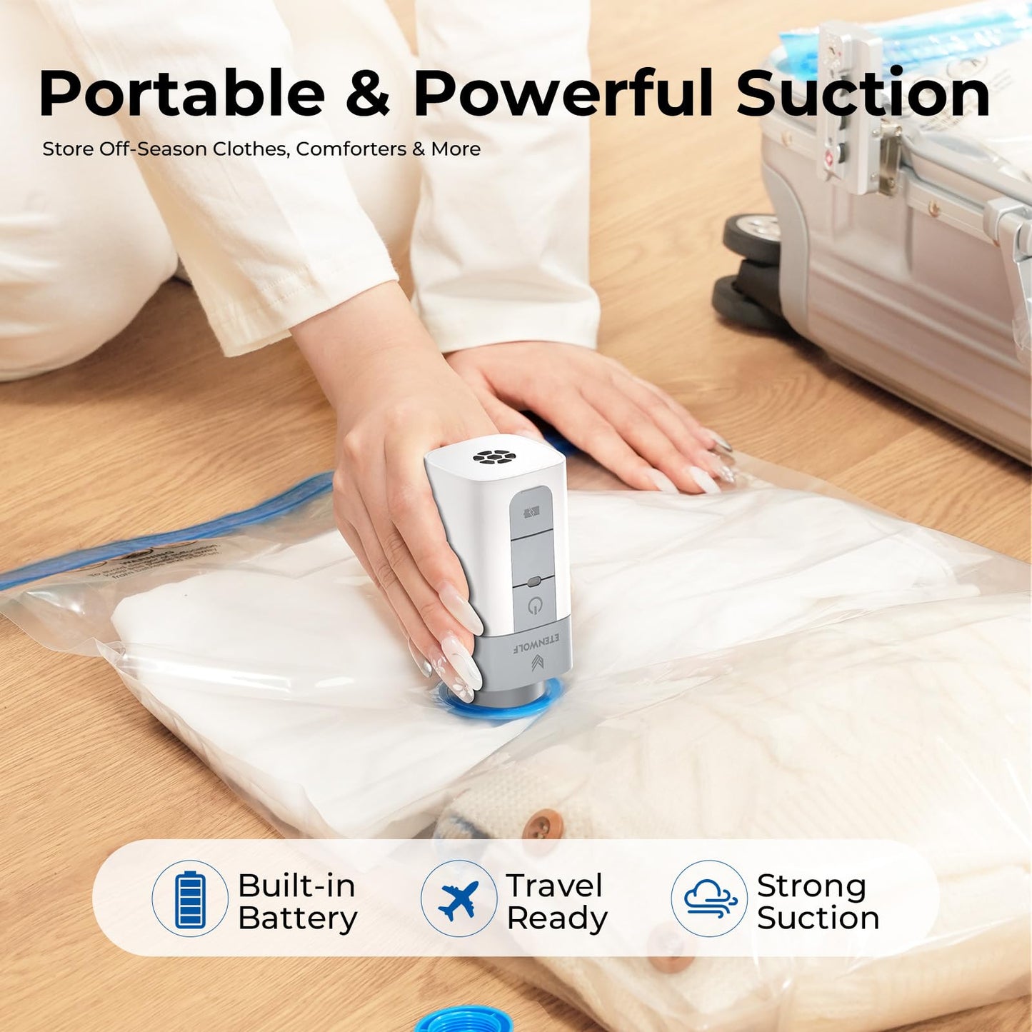 ETENWOLF Vacuum Storage Bags for Travel with Rechargeable Wireless Pump, Vacuum Seal Bags for Clothes and Travel, Space Saver Bags in Carry-On Sizes, Perfect for Luggage and Suitcases, 12 Combo