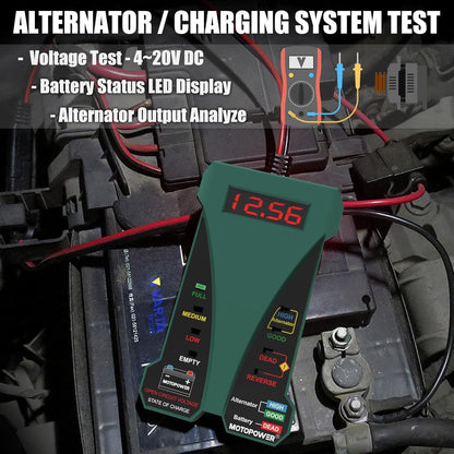 MOTOPOWER MP0514A 12V Digitaler Autobatterietester Voltmeter und Ladesystemanalysator mit LCD-Anzeige und LED-Indikation – Schwarze Gummifarbe
