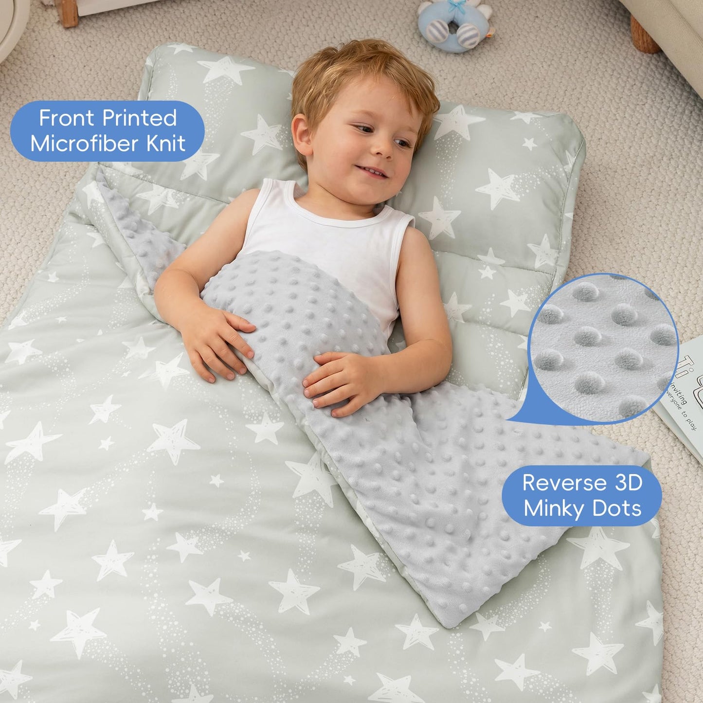 PHF Toddler Nap Mat with Removable Pillow and Minky Blanket, Rollup Design Kids Sleeping Mat, Slumber Bags for Boys, 55"x23" Toddler Sleeping Bag for Daycare Preschool Travel Camping, Space