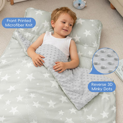 PHF Toddler Nap Mat with Removable Pillow and Minky Blanket, Rollup Design Kids Sleeping Mat, Slumber Bags for Boys, 55"x23" Toddler Sleeping Bag for Daycare Preschool Travel Camping, Space