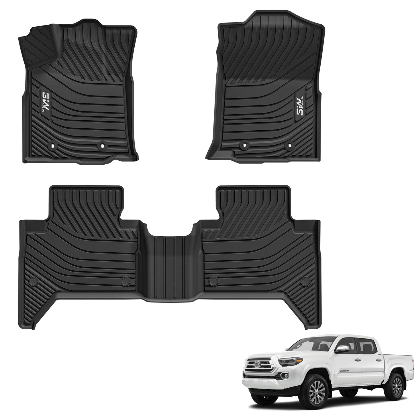 3W Floor Mats for Toyota Tacoma 2024 2025 2026 Double Cab Auto Tran(Not Fit Hybrid & XtraCab), TPE All Weather Custom Fit Floor Liner for Tacoma TRD/SR/SR5/limited Car Liners.