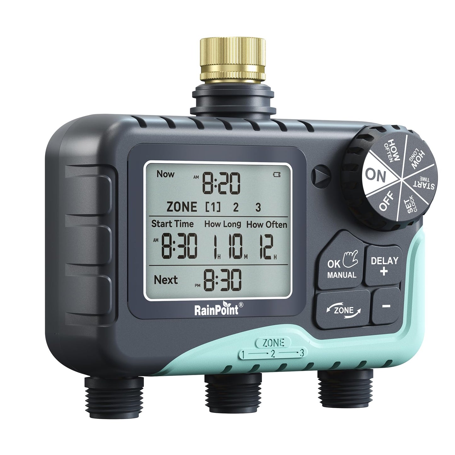 RAINPOINT 3 Zone Water Timer with Brass Inlet & Outlet, 3 Custom Watering Plans Sprinkler Timer, Featuring IP65 Waterproof,Rain Delay, Manual & Automatic Watering with Large LCD for Yard, 2026 Ver.