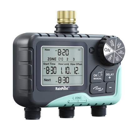 RAINPOINT 3 Zone Water Timer with Brass Inlet & Outlet, 3 Custom Watering Plans Sprinkler Timer, Featuring IP65 Waterproof,Rain Delay, Manual & Automatic Watering with Large LCD for Yard, 2026 Ver.