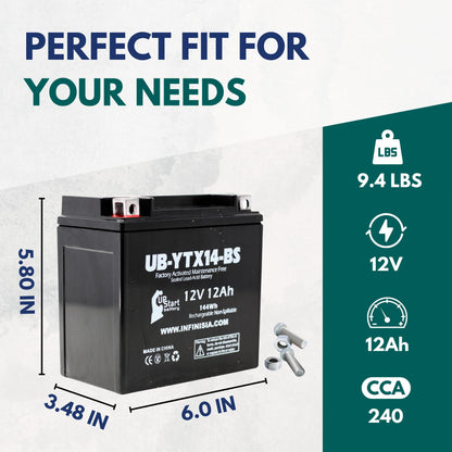 YTX14-BS Batterie – Motorradbatterie, ATV-Batterie 12V 12AH, UTV, Quad, Schneemobil, Powersport-Batterien – Kompatibel mit Honda Rancher 350, Buell Blast, Yamaha – Versiegelte Blei-Säure-AGM 12 Volt