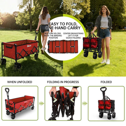 Extra Long Collapsible Wagon Cart, 480LBS Heavy Duty Utility Wagons with All-Terrain Wheels, Foldable Grocery Carts for Gardening, Shopping, Beach, Camping, Black