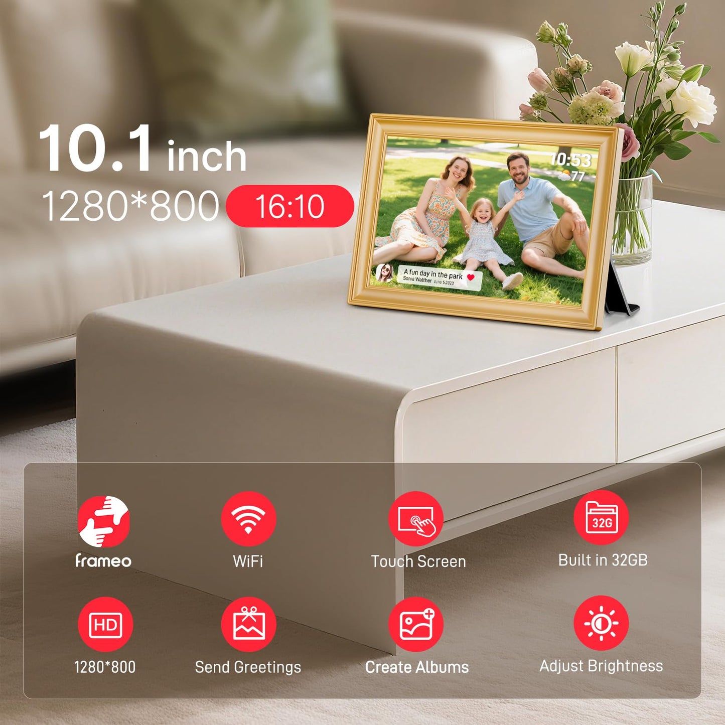 Frameo 10.1 Inch WiFi Digital Picture Frame, Smart Cloud Electronic Photo Frame with HD IPS Touch Screen Slideshow 32GB Memory Auto-Rotate Wall Mount, Share Photos/Videos from Phone - Gifts for Mom