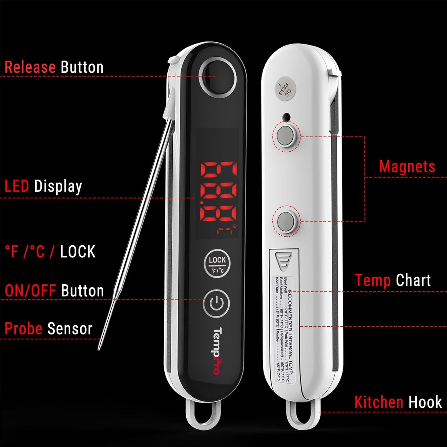 TempPro Digitales Sofortablese-Fleischthermometer zum Grillen, wasserdichtes Küchen-Lebensmittelthermometer mit Kalibrierfunktion und Hintergrundbeleuchtung, zum Backen von Brot, Süßigkeiten, Kochwerkzeug, Utensilien (zuvor ThermoPro)