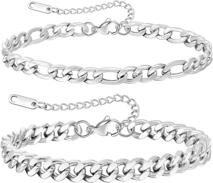 7.8+1.2 inches (20+3 cm)2pcs-silver-figaro/Cuban