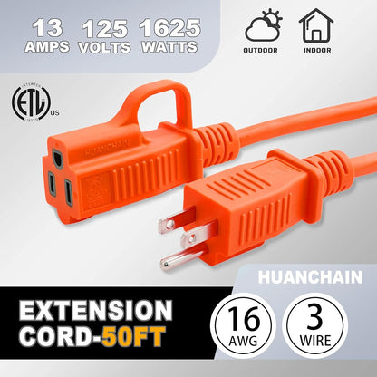 HUANCHAIN Indoor Outdoor Black Extension Cord 25 ft Waterproof, 16/3 Gauge Flexible Cold-Resistant Appliance Cable Outside, 13A 1625W 16AWG SJTW, 3 Prong Electric Cord, ETL