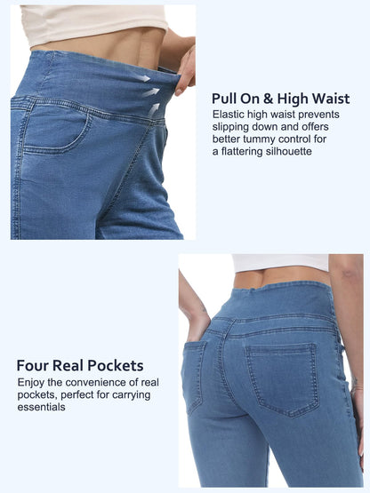 Chasehot Pull-On Skinny Jeans für Damen, dehnbare High-Waist Leggings, trendige Bauchkontrolle, Denim-Jeggings mit Taschen, Dark Wash-L