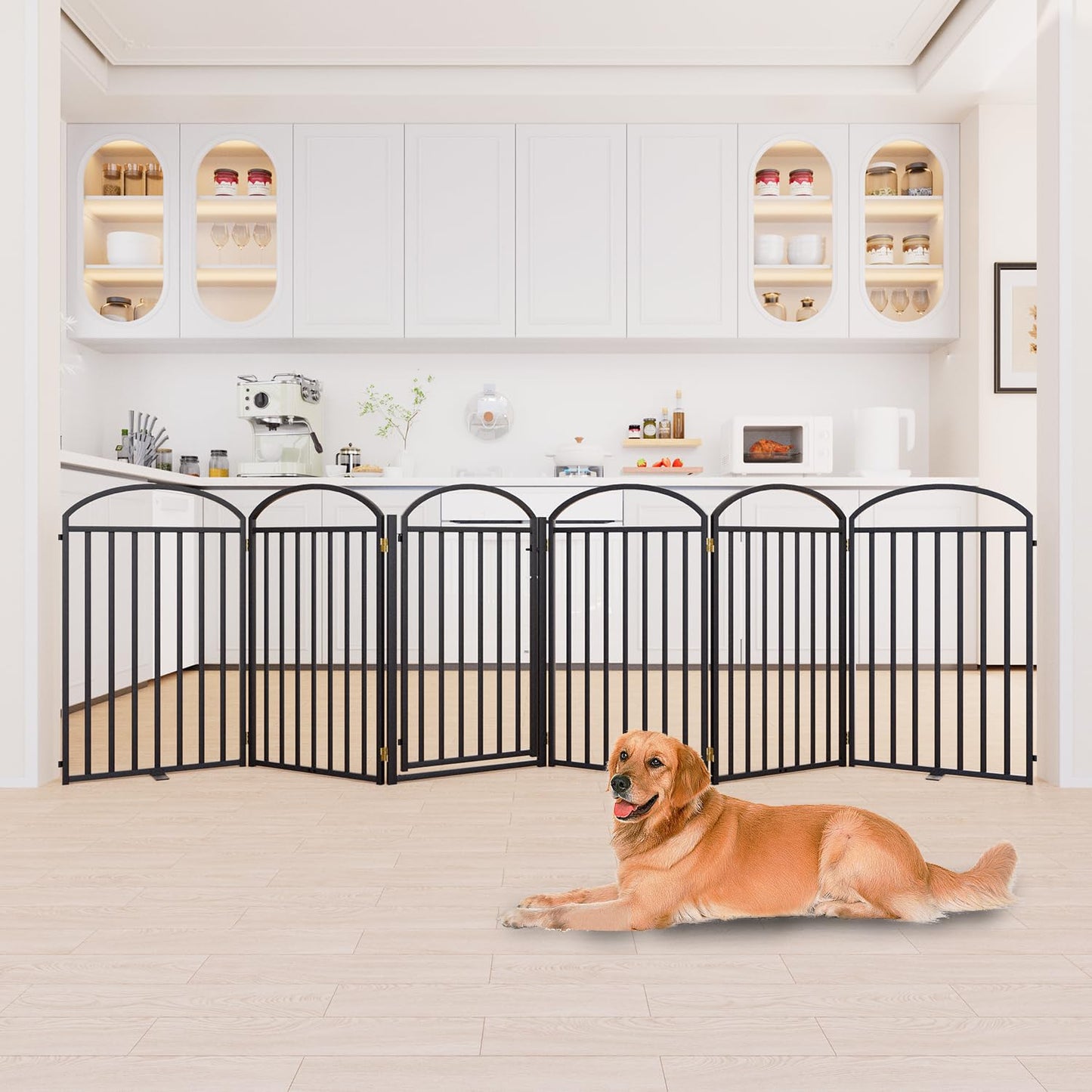 SNUOWU 4 Panels Full Matel Freestanding Dog Gates with Door, 96"Extra Wide 36"Tall Free Standing Dog Pet Gate for Indoor & Outdoor. Foldable Pet Fences for Doorways, House, Stairs, Porch, Deck, Yard