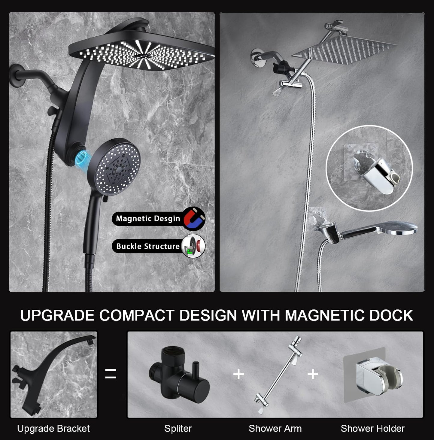 BOZYBO Rain Shower Head with Handheld: High Pressure Shower Heads with Handheld Spray Combo, 12" Rainfall Shower Head and 9 Sprays Hand Showerheads with Magnetic Docking and Power Jets, Chrome
