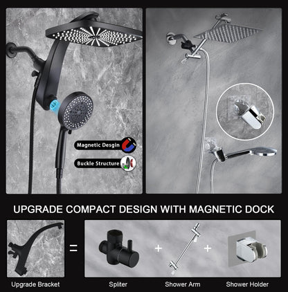 BOZYBO Rain Shower Head with Handheld: High Pressure Shower Heads with Handheld Spray Combo, 12" Rainfall Shower Head and 9 Sprays Hand Showerheads with Magnetic Docking and Power Jets, Chrome