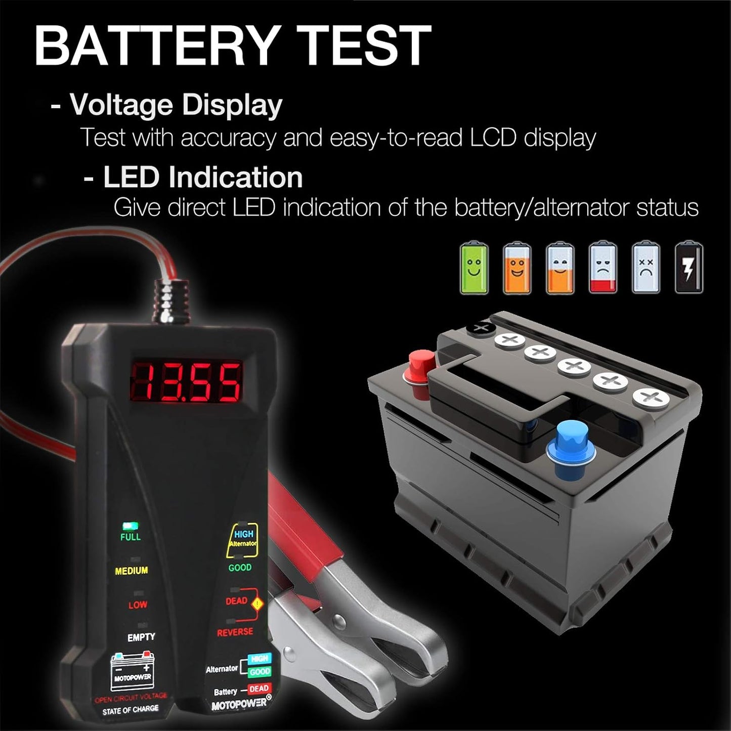 MOTOPOWER MP0514A 12V Digitaler Autobatterietester Voltmeter und Ladesystemanalysator mit LCD-Anzeige und LED-Indikation – Schwarze Gummifarbe