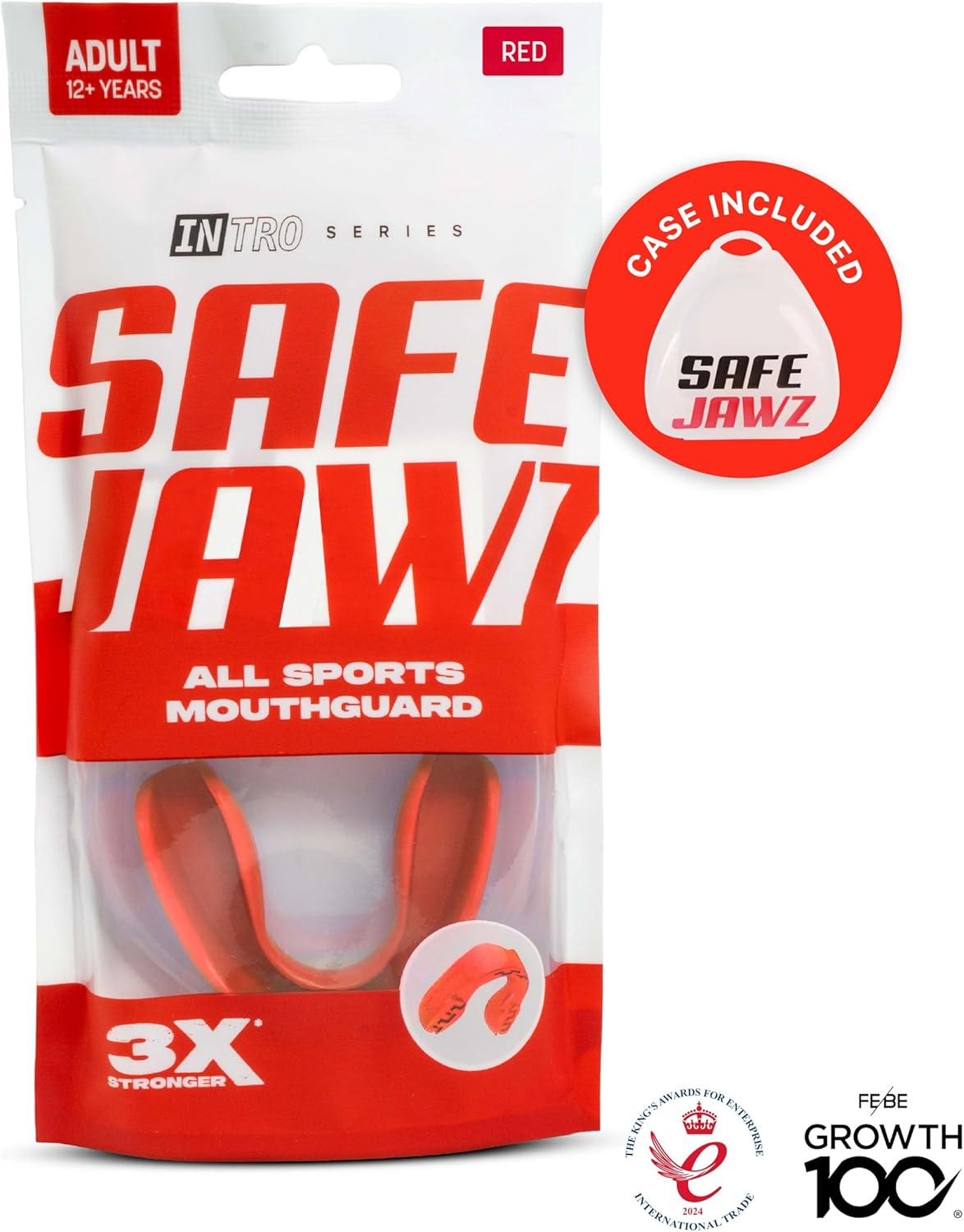 SAFEJAWZ Mundschutz, trägerlos, schlanke Passform, für Erwachsene und Jugendliche mit Etui für Boxen, Basketball, Football, MMA, Kampfsport, Hockey und alle Kontaktsportarten (Erwachsene (ab 12 Jahre), Transparent)