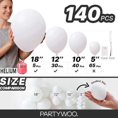 PartyWoo White Balloons 140 pcs Different Sizes of 18 12 10 5 Inch White Balloons Arch Kit Garland for Wedding Baby Shower Birthday Bridal Shower Graduation Engagement Party Decorations White-Y13