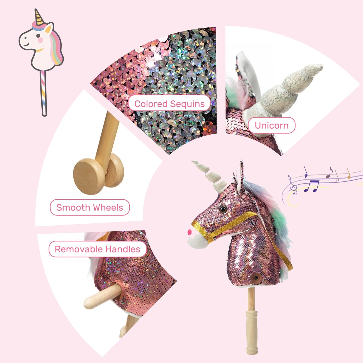 HollyHOME Plüsch Einhorn Steckenpferd mit Holzrädern Echten Pony Wiehern und Galoppieren Geräuschen Plüschtier Rosa 94 cm (AA Batterien Benötigt)