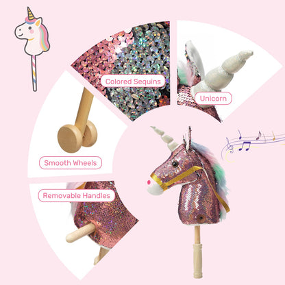 HollyHOME Plüsch Einhorn Steckenpferd mit Holzrädern Echten Pony Wiehern und Galoppieren Geräuschen Plüschtier Rosa 94 cm (AA Batterien Benötigt)