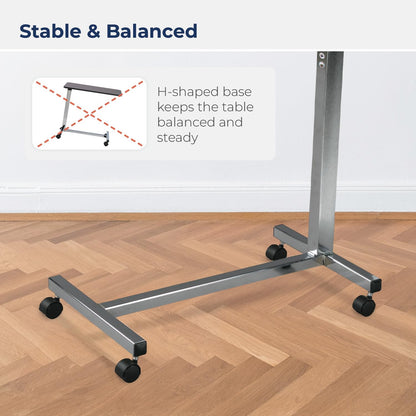 Drive Medical Overbed Table with Wheels - Secure Height Adjustment for Comfort - Non Tilt Surface - Smooth Rolling Design - Home & Hospital Use - Woodgrain Laminate Top - Silver Vein