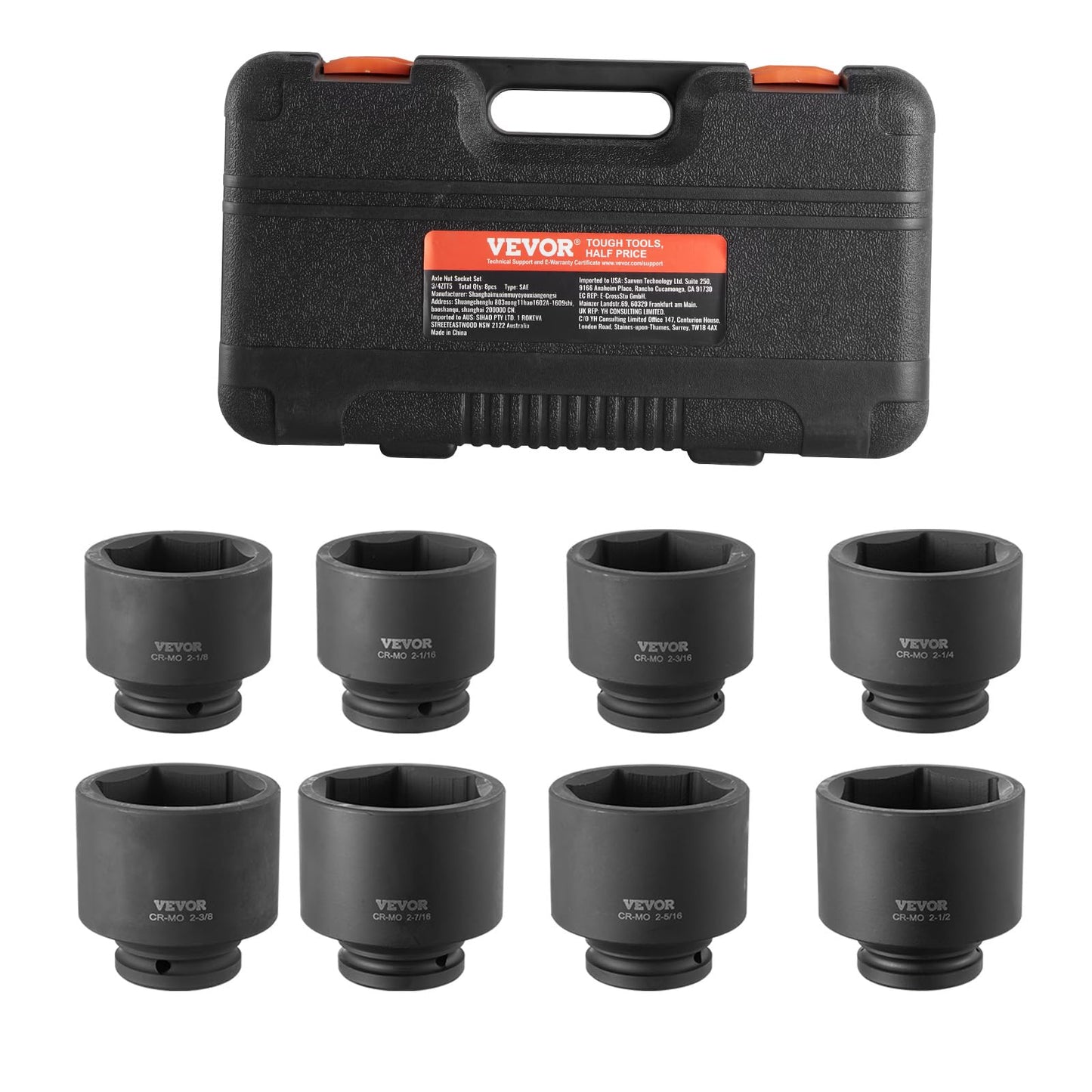 VEVOR 91-Piece 1/2" Drive Impact Socket Set, SAE (5/16" to 1-1/4") & Metric (8 to 32 mm), CR-V, Deep & Shallow, 6 Point, Ratchet Handle, Universal Joint, Adapters, Extension Bars (3, 5, 10 in)