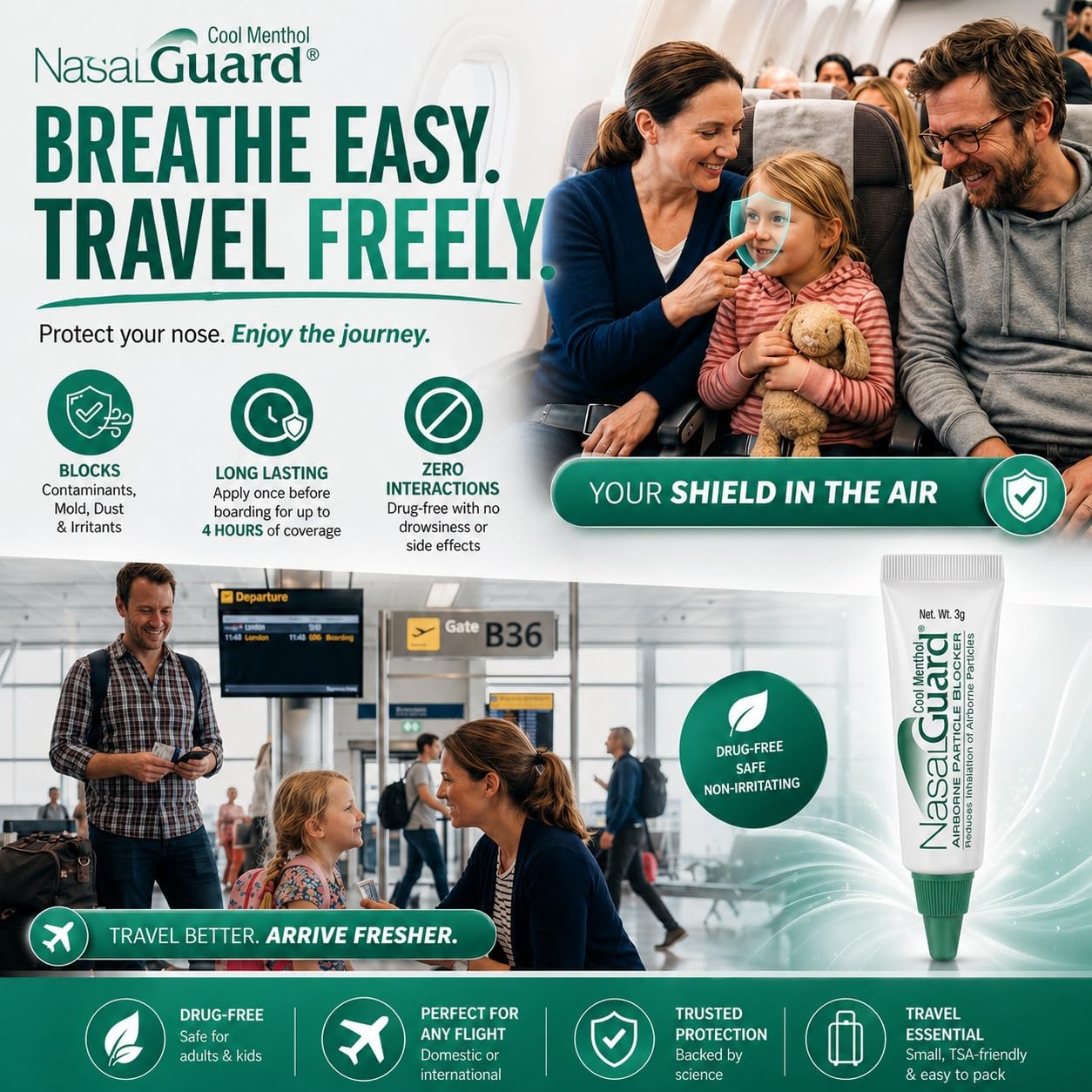 for Air Travelers | Cabin Air Protection Gel | Helps Block Dust, Mold & Airborne Contaminants | Drug-Free, Applied Around Nose | TSA Friendly | 150+ Uses (Unscented, 10g, Pack of 6)