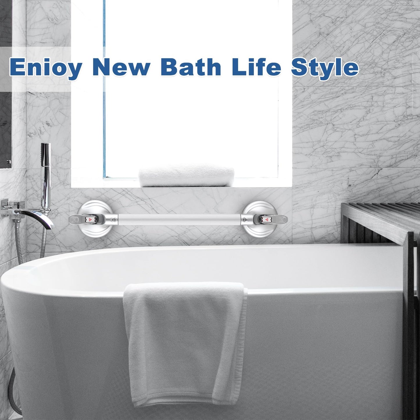 15-Inch Shower Handle - Upgraded Grab Bar with Strong Suction Cups for Bathtub & Shower Safety, Ideal for Seniors, Elderly, Disabled -Silver