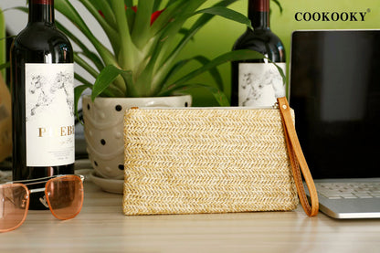 COOKOOKY Damen Stroh-Clutch, böhmische Reißverschluss-Handgelenktasche, Sommer Strand Meer Geldbörse (Beige-Weiß)