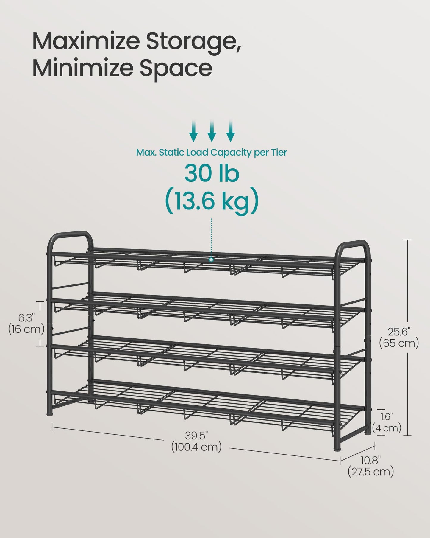 SONGMICS Stackable Shoe Rack, 4 Tier Metal Shoes Rack Storage Shelf, Holds up to 16 Pairs Shoes, Adjustable Slanted Shelves Tower Organizer for Closet Entryway Small Spaces, Bronze