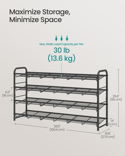 SONGMICS Stackable Shoe Rack, 4 Tier Metal Shoes Rack Storage Shelf, Holds up to 16 Pairs Shoes, Adjustable Slanted Shelves Tower Organizer for Closet Entryway Small Spaces, Bronze