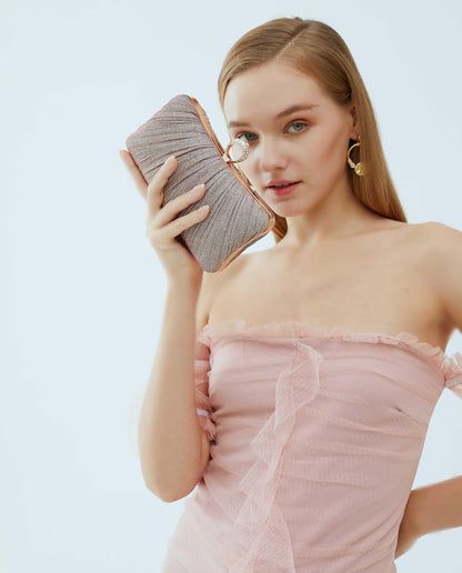 Damen Gold Glitzer Clutch Handtasche Plissierte Abendtasche für Braut Hochzeit Party mit Strassring