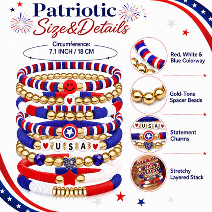 250 Anniversary USA Merchandise 4th of July Outfits for Women Men Teens Red White Blue Clay Beaded Stretch Bracelets USA Patriotic Jewelry 4th of July Accessories