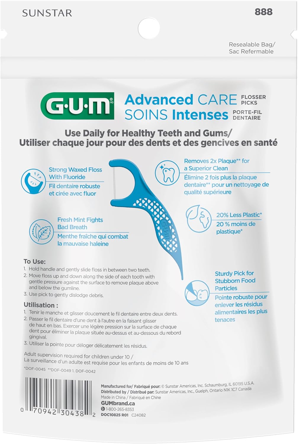 GUM Advanced Care Flosser Picks, angereichert mit Vitamin E & Fluorid, frischer Minzgeschmack, blau, 150 Flosser (1 Beutel)