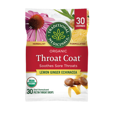 Traditional Medicinals Organic, Throat Coat Lozenges, Lemon Ginger Echinacea - Herbal Cough Drops, Helps Soothe Sore Throat - Non-GMO, Stimulant-Free - 16 Count (Pack of 12)
