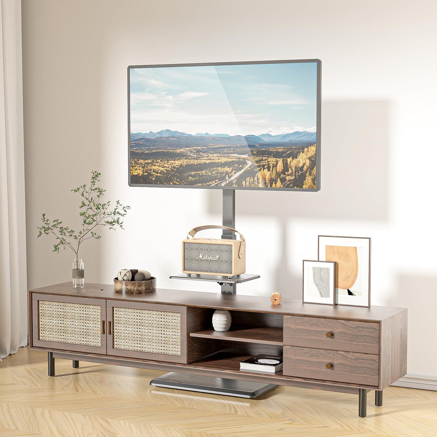 WALI Rolling TV Stand with Power Outlet & AV Shelf, Mobile Tall TV Stand Mount on Wheels for 34-75 inch TV up to 110 lbs, Swivel Height Adjustable TV Cart with Wood Base for Bedroom(TVDVD-6PRW), White