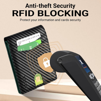 VATAN Herren Slim Wallet RFID Schutz Leder Kreditkartenetui für 15 Karten, Bifold Minimalistisches Dünnes Portemonnaie mit 2 Ausweisfenstern und Geldscheinfach, mit Geschenkbox (Carbon Fiber Schwarz)